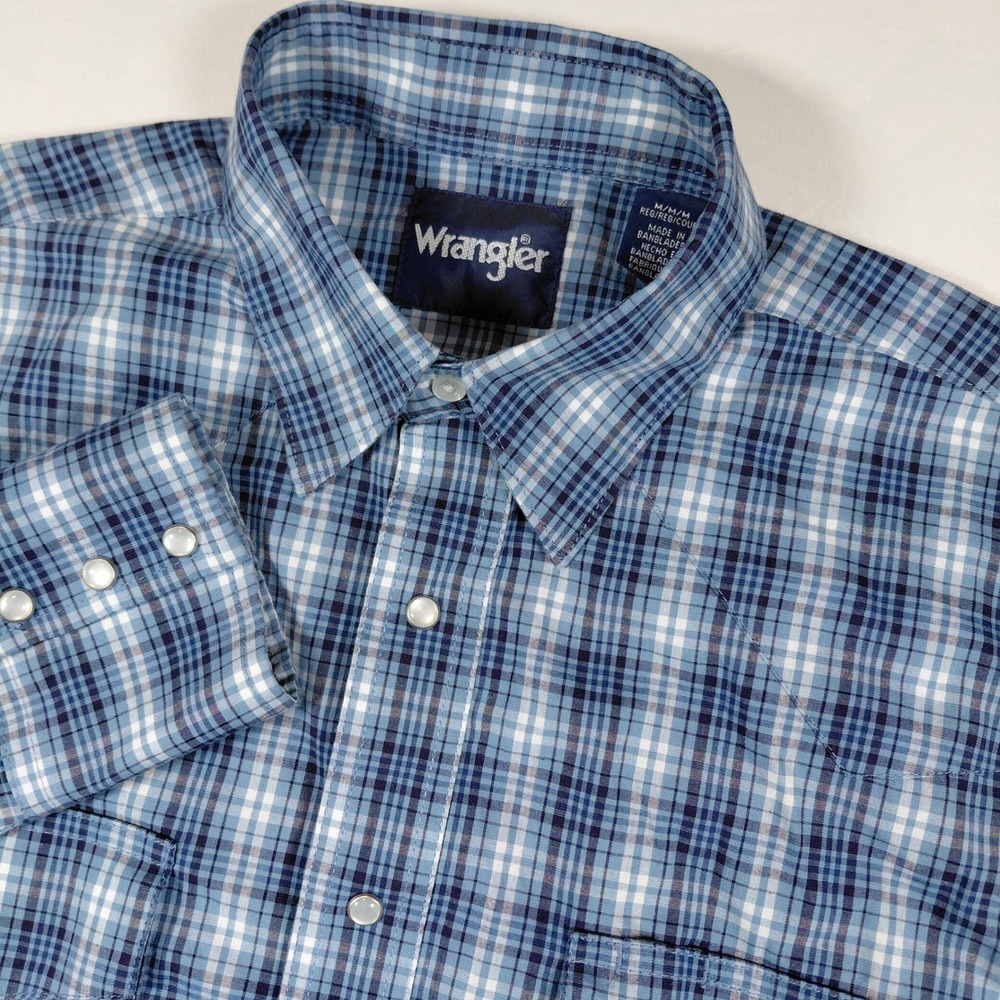 Wrangler Mens Medium Blue Plaid Pearl Snap Western Shirt Long Sleeve Button‎ Up